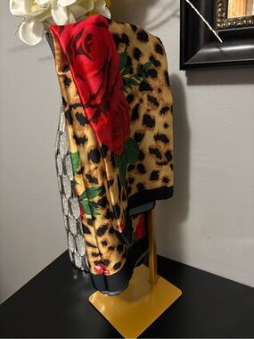 Floral Rose & Leopard Print Satin Scarf - Red, Gold, Black